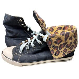 Coach Womens Signature Monogram Leopard Print Fold Over High Top Sneakers Black